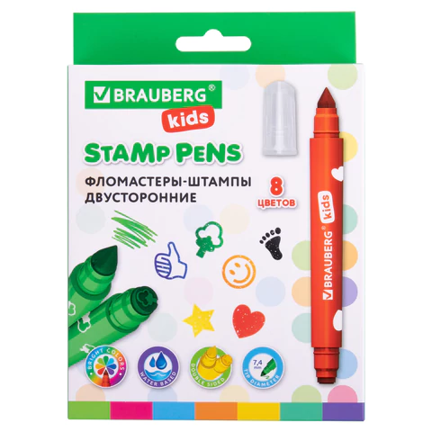 Фломастеры-штампы двусторонние "FUNNY STAMPS", 8 цветов, BRAUBERG KIDS, картонная коробка с европодвесом, 152179 - МСК «Форвард»