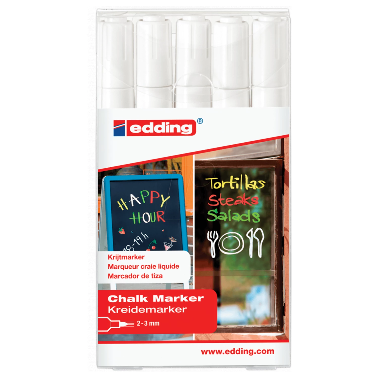 Маркеры меловые EDDING 4095 НАБОР 5 шт., 2-3 мм, БЕЛЫЕ, влагостир, д/гладких поверхн, E-4095/5S/49 151334