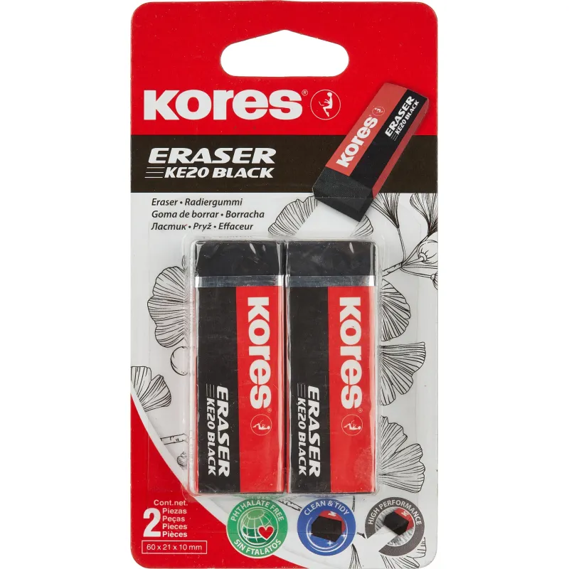 Ластик Kores ПВХ прямоугольный 60x21x10 мм НАБОР 2 шт черные 456679