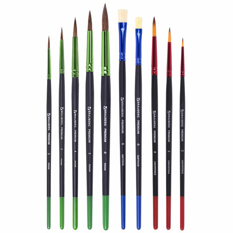 Кисти BRAUBERG PREMIUM, набор 10 шт. (круглые пони - 5 шт., синтетика - 3 шт., плоские щетина - 2 шт.), блистер, 201023 - МСК «Форвард»