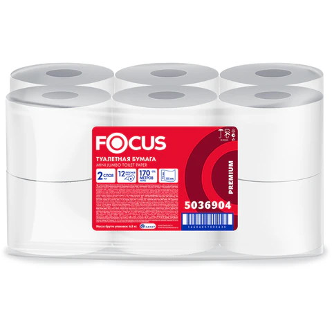 Бумага туалетная 170 м, FOCUS (Система Т2) mini Jumbo, 2-слойная, цвет белый, КОМПЛЕКТ 12 рулонов, 5036904 112145 минпромторг - МСК «Форвард»