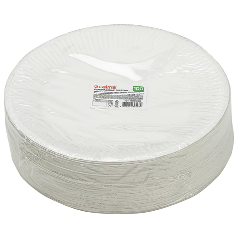 Тарелка одноразовая бумажная 230 мм, 100 штук, СТАНДАРТ, жиростойкая ламинированная, LAIMA, 608086 - МСК «Форвард»