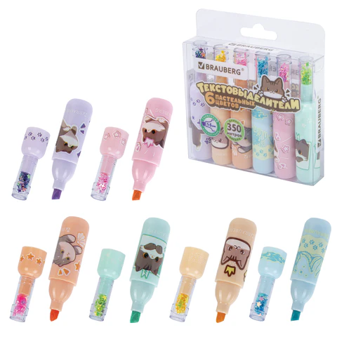 Набор текстовыделителей 6 ПАСТЕЛЬНЫХ ЦВЕТОВ, кросс-серия МИЛЫЕ КОТЫ, линия 1-5 мм, BRAUBERG, 152619
