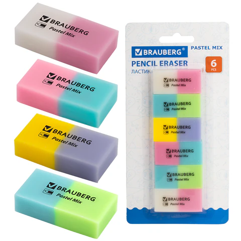 Набор ластиков BRAUBERG "Pastel Mix", 6 шт., цвета ассорти, 44*21*10мм, экологичный ПВХ, 229597