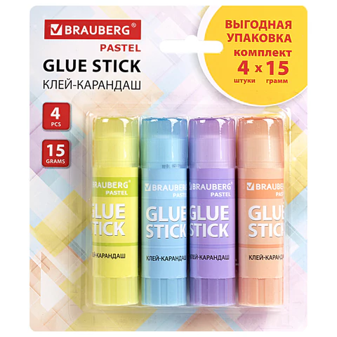 Клей-карандаш 15 г, ВЫГОДНАЯ УПАКОВКА, BRAUBERG PASTEL, 4 штуки на блистере, PVP-основа, 271250 - МСК «Форвард»