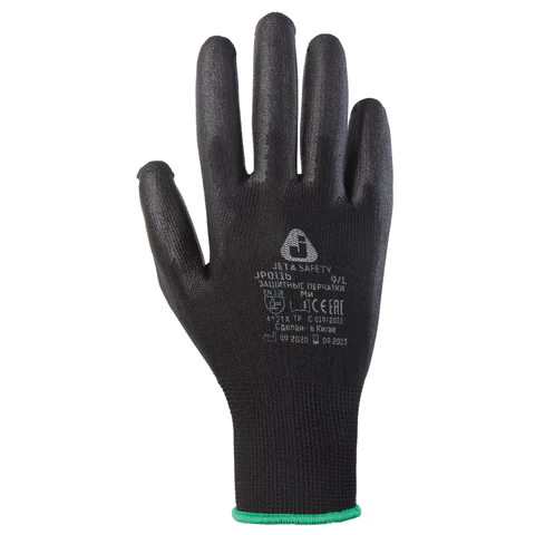 Перчатки нейлоновые JETA SAFETY, полиуретановое покрытие, КОМПЛЕКТ 12 пар, размер 8, M (средний), черные, JP011b, JP011b-M 700618