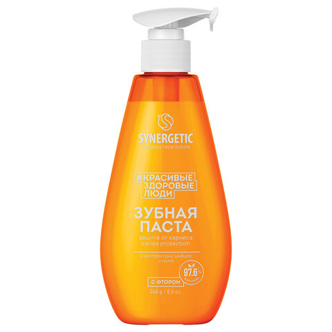 Зубная паста 240 мл, SYNERGETIC "Защита от кариеса", с экстрактом имбиря и нимом, дозатор, 201022 609917 - МСК «Форвард»