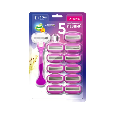 Бритвенный станок многоразовый женский, 5 лезвий, 12 кассет, плавающая головка, X-ONE, 700021 - МСК «Форвард»