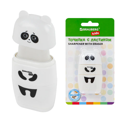 Точилка с ластиком 2 в 1 BRAUBERG KIDS "Панда", 2 отверстия, блистер, 271988