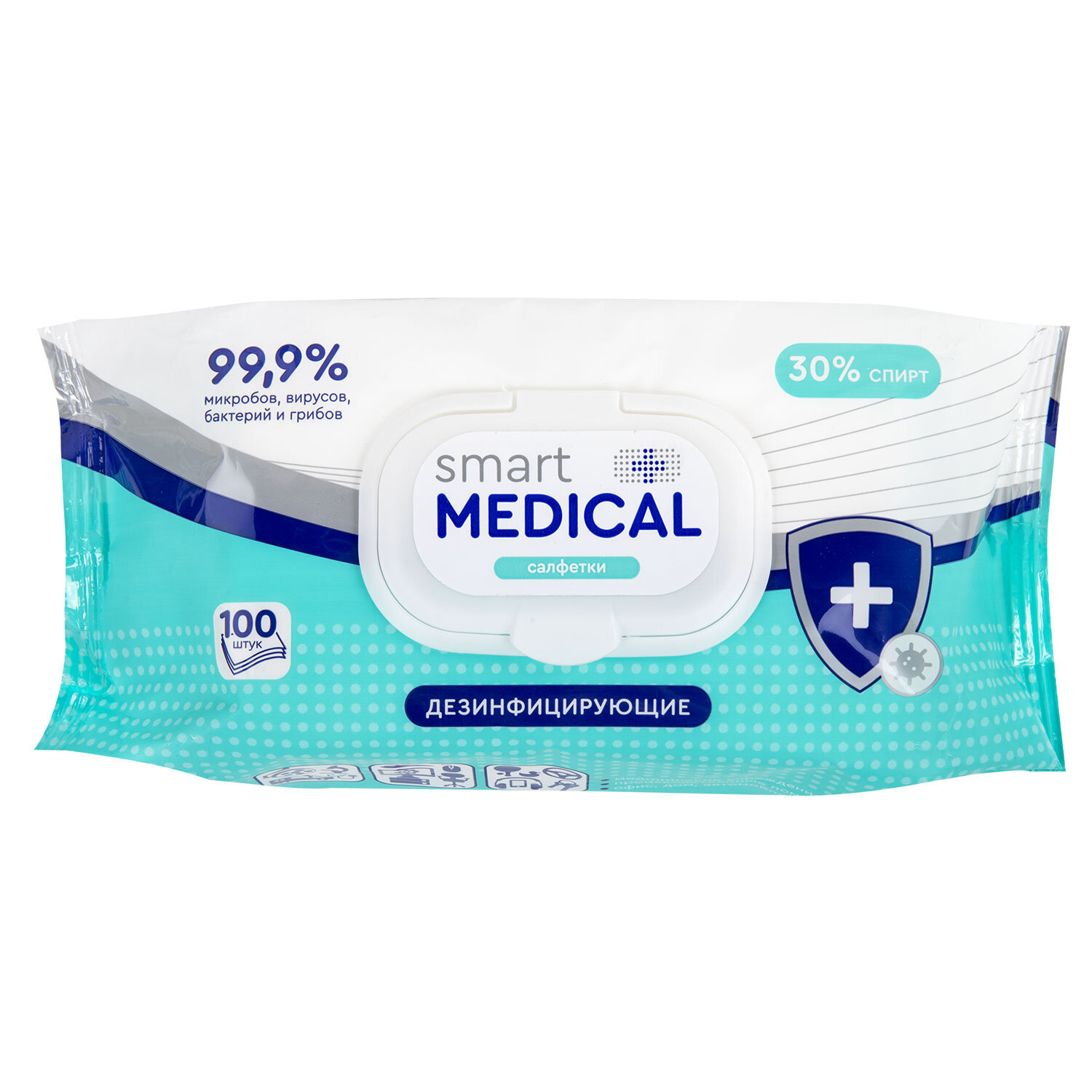 Дезинфицирующие салфетки спиртовые 100 штук SMART MEDICAL, крышка-клапан, 72029 630753 ЧЕСТНЫЙ ЗНАК!