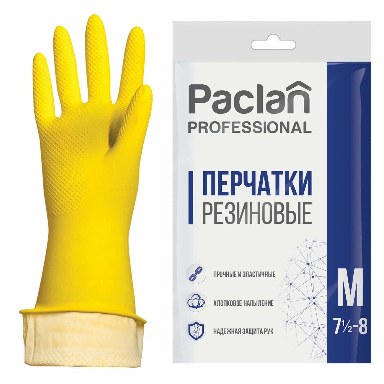 Перчатки хоз. латексные, х/б напыление, размер M (средний), желтые, PACLAN Professional, , 602489