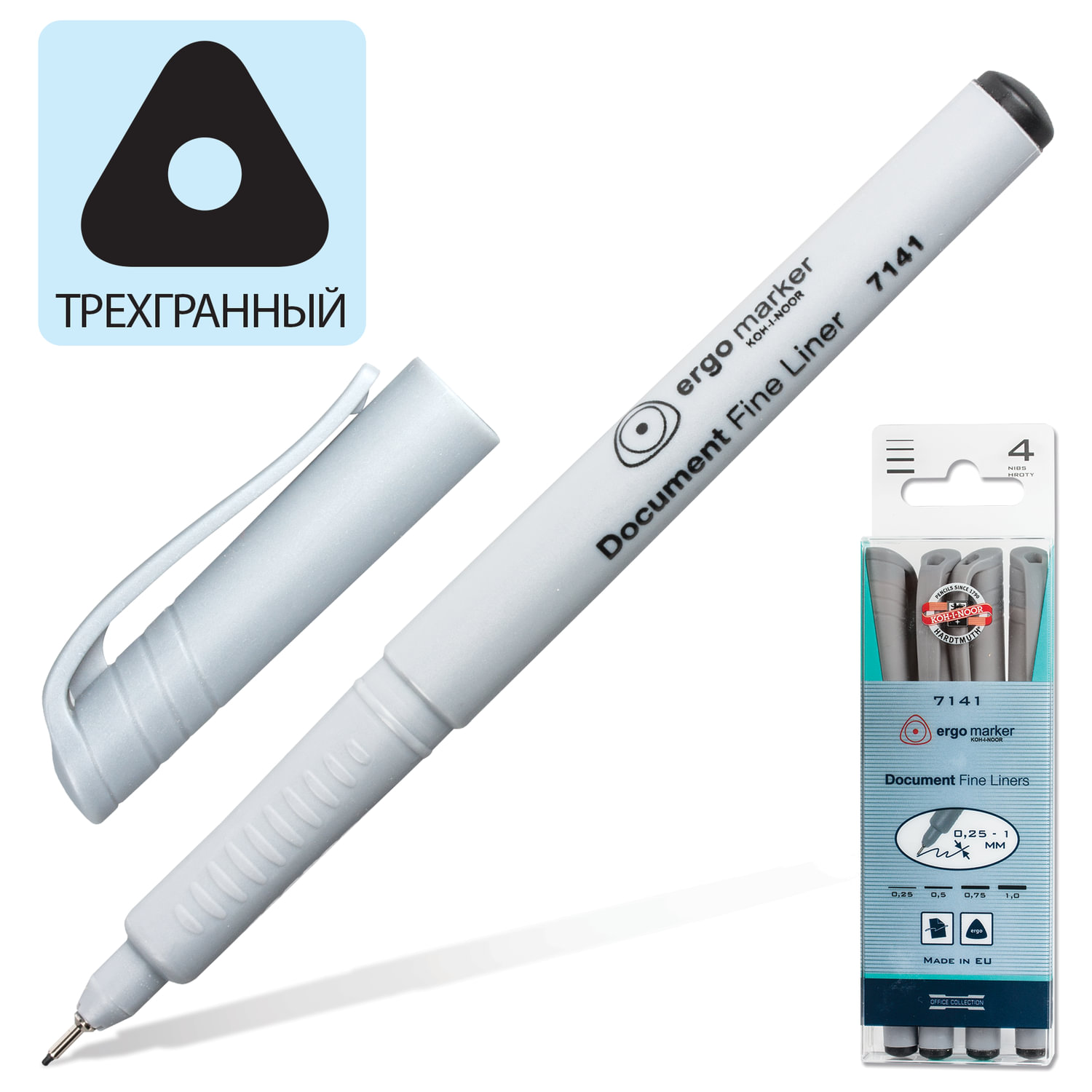 Набор капиллярных ручек (линеров) KOH-I-NOOR 4шт., ЧЕРНЫЕ, трехгран, 0,25/0,5/0,75/1мм, 777141JD03KS , 141602