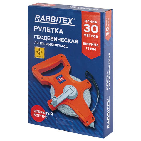 Рулетка геодезическая 30 м х 13 мм, лента фибергласс, открытый корпус, RABBITEX (РАББИТЕКС), 671367 - МСК «Форвард»