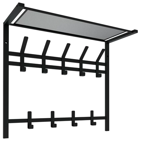 Вешалка настенная с полкой 2 яруса ZMI "Торонто-22", 585х670х270 мм, 9 крючков, металл, черная, ВСПТ22 Ч 700938