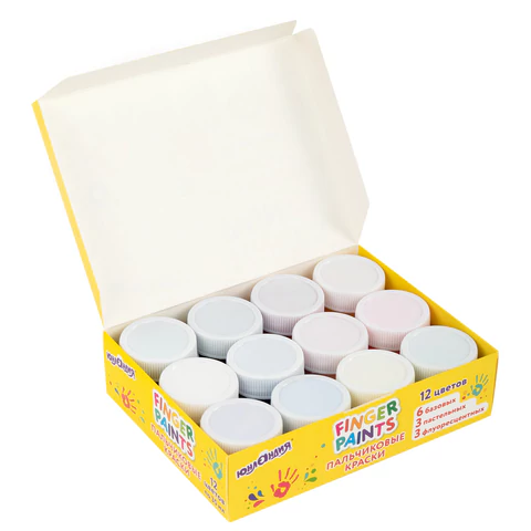 Краски пальчиковые для малышей от 1 года, 12 цветов (6 базовых + 3 пастельных + 3 флуоресцентных) по 35 мл, ЮНЛАНДИЯ, 192570 - МСК «Форвард»