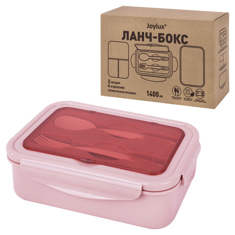 Ланч-бокс контейнер 2 секции, 3+1 отделения, 1,4 л, ложка, вилка, 7х21х14 см, розовый, JOYLUX, 609348 - МСК «Форвард»