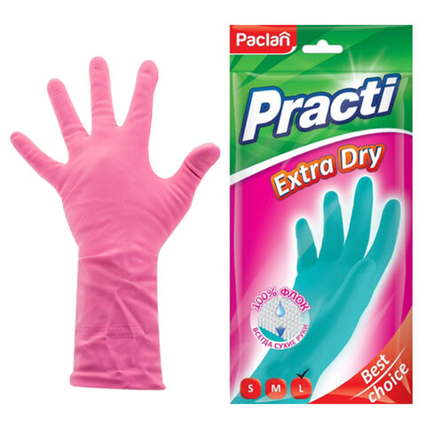Перчатки хоз. резиновые, х/б напыление, 100% флок, размер L, синие, Practi Extra Dry, PACLAN, 7350 607083
