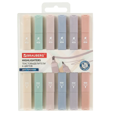 Набор текстовыделителей двусторонних 6 ЦВЕТОВ МОРАНДИ, BRAUBERG "Morandi", линия 1-5 мм, 152514 - МСК «Форвард»