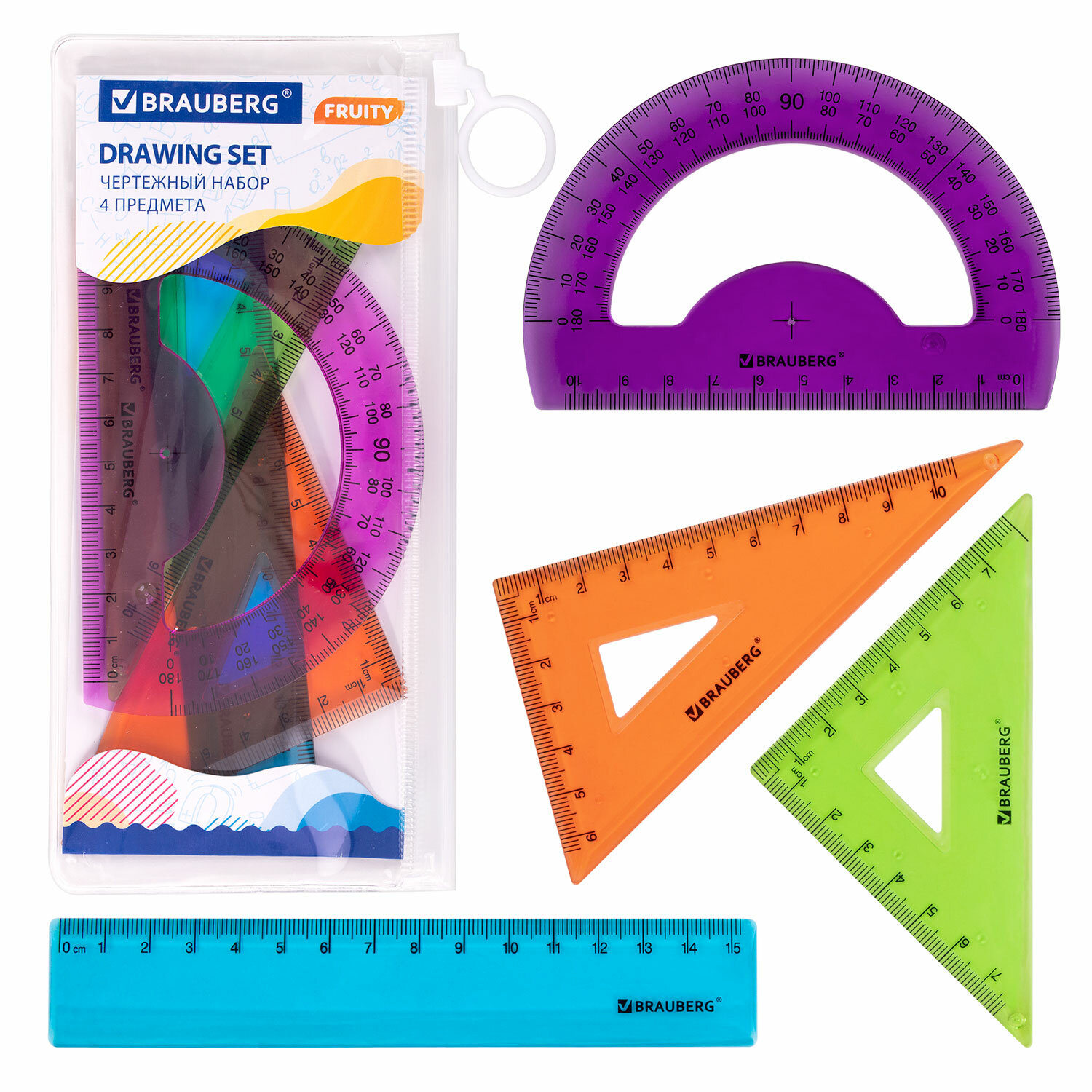 Набор чертежный малый BRAUBERG "FRUITY" (линейка 15см, 2 треуг., трансп.), ассорти, пенал, 210770