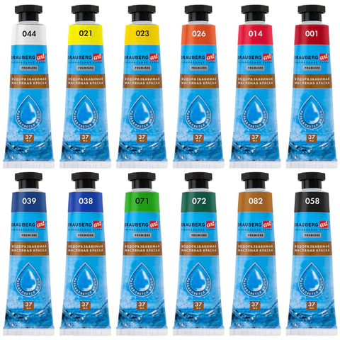 Краски масляные ВОДОРАЗБАВИМЫЕ художественные, 12 цветов по 37 мл в тубах, BRAUBERG ART PREMIERE, 192293 - МСК «Форвард»