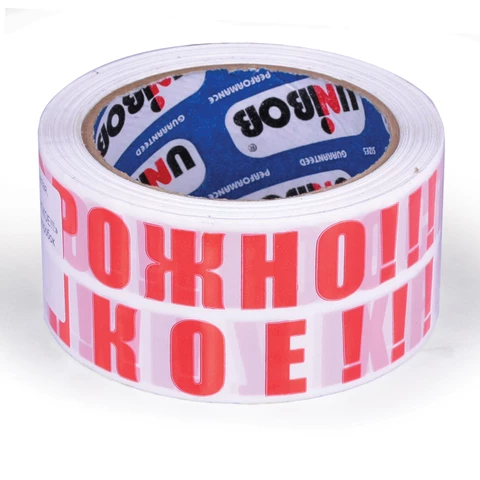 Клейкая лента упаковочная 50мм х 66м, бел, надпись"ОСТОРОЖНО!!!ХРУПКОЕ!!!",толщ 50 микр,UNIBOB,56857 224043