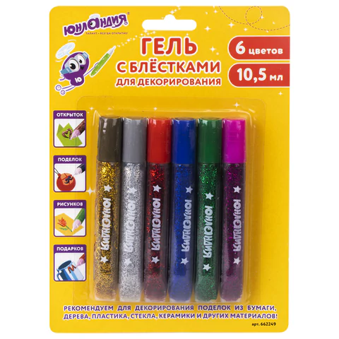 Гель с блестками ЮНЛАНДИЯ, для декора, поделок, DIY, творчества, оформления, 6 ярких цветов по 10,5 мл, блистер, 662249