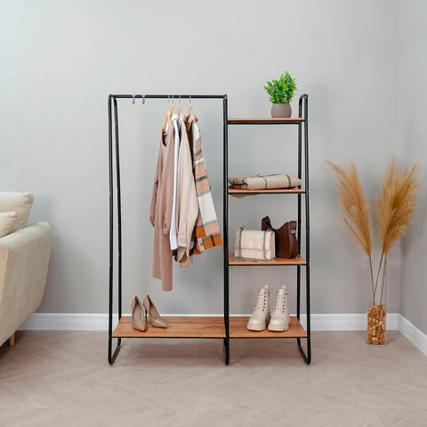 Вешалка-стеллаж ZMI "Скандинавия-1", 1470х1100х385 мм, 5 полок, металл/ЛДСП, черная/дуб, ГСС1 Ч 700930 - МСК «Форвард»