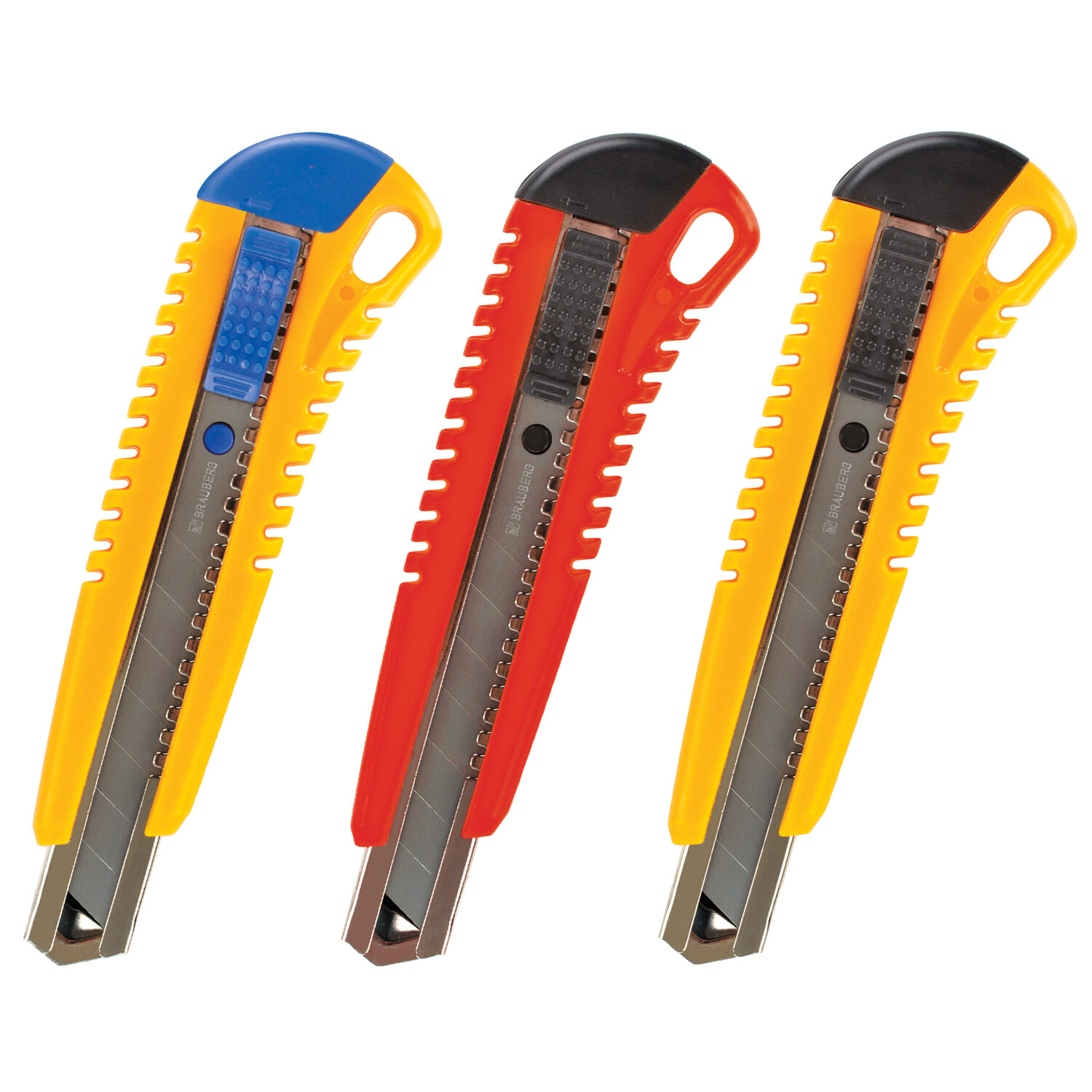 Нож канцелярский 18 мм BRAUBERG "Standard", 3 лезвия в комплекте, автофиксатор,корпус ассорти,230918