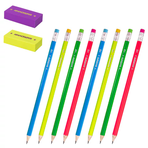 Набор ЮНЛАНДИЯ "Неончики", 8 карандашей чернографитных HB + 2 ластика, блистер, 181783 - МСК «Форвард»