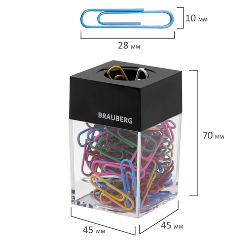 Скрепочница магнитная BRAUBERG со 100 цветными скрепками 28 мм, прозрачный корпус, 228401 - МСК «Форвард»