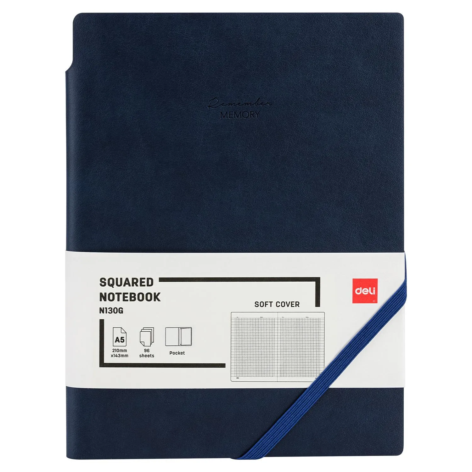 Блокнот А5 Deli Squared Notebook EN130G 96 листов 80 г/кв.м синий в клетку на сшивке резинка 1741980