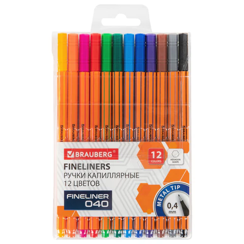Ручки капиллярные (линеры) 12 ЦВЕТОВ, BRAUBERG "FINE 040", шестигранные, линия 0,4 мм, 144143 - МСК «Форвард»
