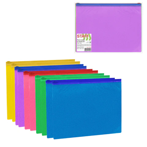 Папка-конверт на молнии А4 (230х333 мм), ПВХ, цвет ассорти с блестками, 0,15 мм, STAFF, 274079 - МСК «Форвард»