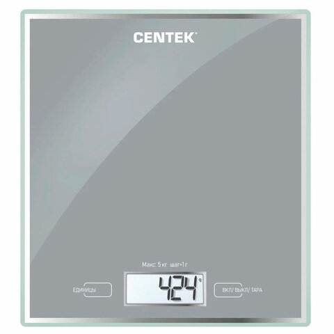 Весы кухонные CENTEK CT-2462 SILVER, электронный дисплей, max вес 5 кг, тарокомпенсация, стекло, CT-2462 Silver 457572