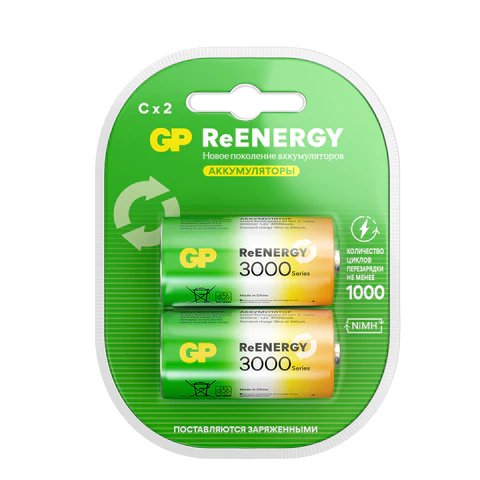 Батарейки аккумуляторные GP ReEnergy Ni-Mh КОМПЛЕКТ 2 шт., С (HR14), 3000 mAh, 300CHCRGY-2CRCB2 458470