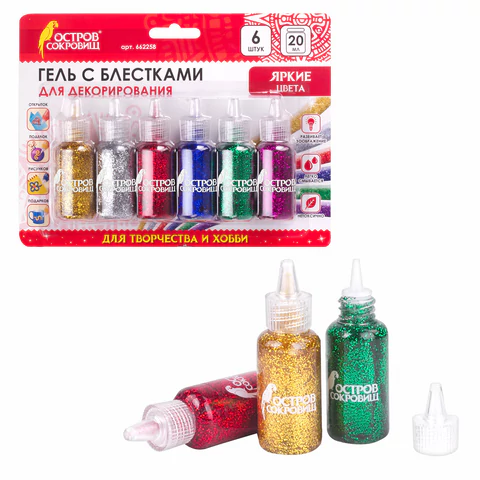 Гель с блестками ОСТРОВ СОКРОВИЩ, для декора, поделок, DIY, творчества, оформления, 6 ярких цветов по 20 мл, блистер, 662258 - МСК «Форвард»