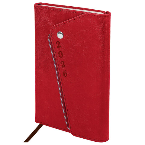Ежедневник датированный 2026, А5, 145х213 мм, BRAUBERG "Jacket", под кожу, клапан, держатель, красный, 117401 - МСК «Форвард»
