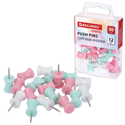 Силовые кнопки-гвоздики BRAUBERG PASTEL, пастельные цвета, 30 штук, 12 мм, 272756