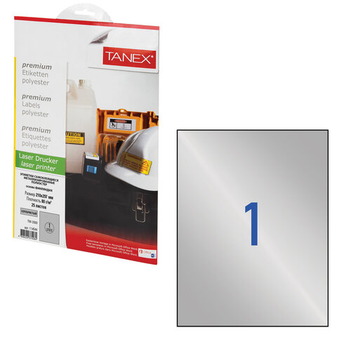 Этикетка самоклеящаяся 210х297 мм, 1 этикетка, полиэстер, серебро, 25 листов, TANEX, сырье Финляндия, 114544, TW-2000 114544 - МСК «Форвард»