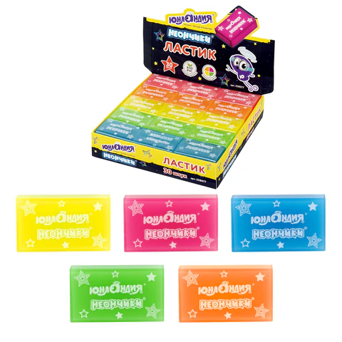 Ластик ЮНЛАНДИЯ "НЕОНЧИКИ", 38х24х12 мм, цвет ассорти, прямоугольный, экологичный ПВХ, 228077
