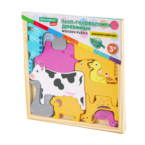 Пазл деревянный развивающий для детей "Домашние животные", 17х17 см, BRAUBERG KIDS, 665251 - МСК «Форвард»
