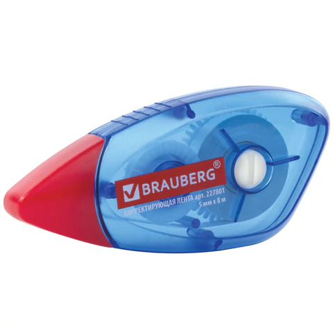 Корректирующая лента BRAUBERG, 5 мм х 8 м, корпус синий, механизм перемотки, блистер, 227801 - МСК «Форвард»