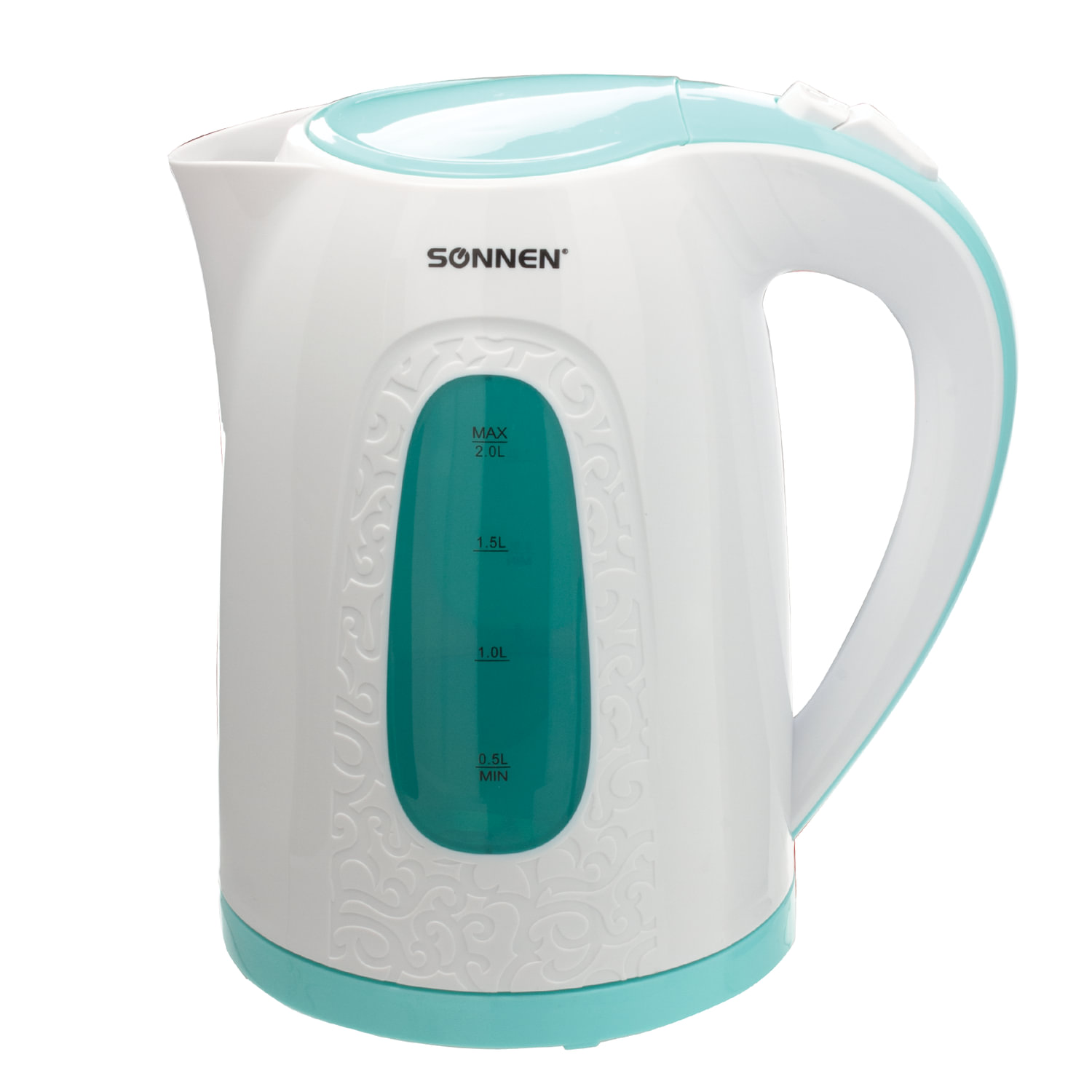 Чайник SONNEN KT-2016, 2,0л, 2200Вт, закрытый нагревательный элемент, пластик, белый/голубой,453417