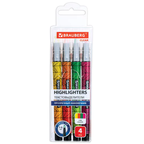 Набор текстовыделителей с прозрачным наконечником 4 ЦВЕТА, BRAUBERG "Clear", линия 1-5 мм, 152426 - МСК «Форвард»