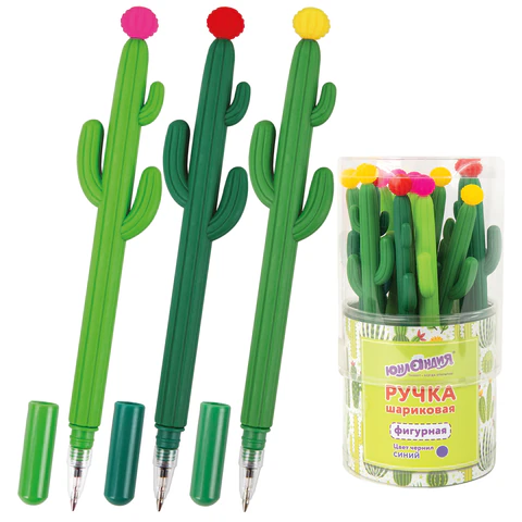 Ручка фигурная шариковая ЮНЛАНДИЯ "Кактус", КОМПЛЕКТ 12ШТ мягкий силиконовый корпус, ассорти, СИНЯЯ, 0,7мм, 143774