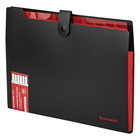 Папка-органайзер на кнопке 12 отделений, BRAUBERG "Extra", А4, черная с красным, 271934 - МСК «Форвард»