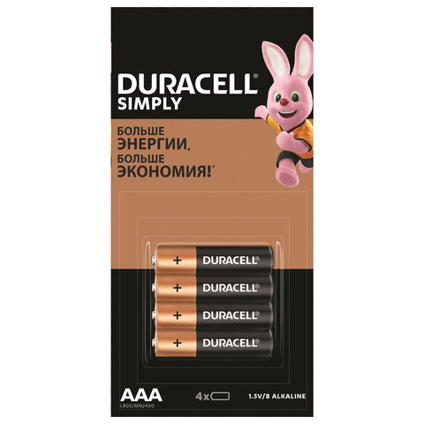 Батарейки КОМПЛЕКТ 4 шт. (отрывной блок), DURACELL Simply ОРИГИНАЛ, AAA (LR03,24А), алкалиновые, мизинчиковые, Б0046869 455044