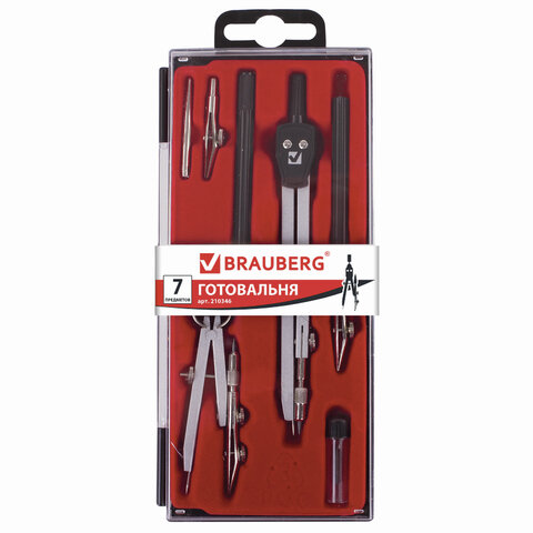 Готовальня BRAUBERG "Architect", 7 предм: циркуль+кронциркуль с рейсф, рейсфедер+держ,грифель,210346
