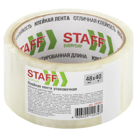 Клейкая лента упаковочная 48мм x 40м, прозрачная, толщина 40 микрон, STAFF, 440087