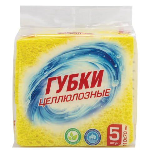 Губки для посуды 110х70х20 мм, ЦЕЛЛЮЛОЗНЫЕ, КОМПЛЕКТ 5 штук, желтые, LAIMA, 700259